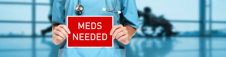 COVID-19 emergency sign hospital in need of medication for treating CORONAVIRUS banner panoramic of...