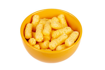 Simple tiny bowl of delicious crispy snacks, crunchy crusty yellow traditional crisps in a small orange bowl, object isolated on white background, cut out. Snacks pile in a bowl concept, nobody