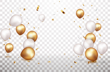 Celebration banner with gold confetti and balloons