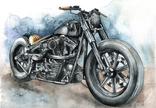 Motorcycle bobber painted in watercolor on paper