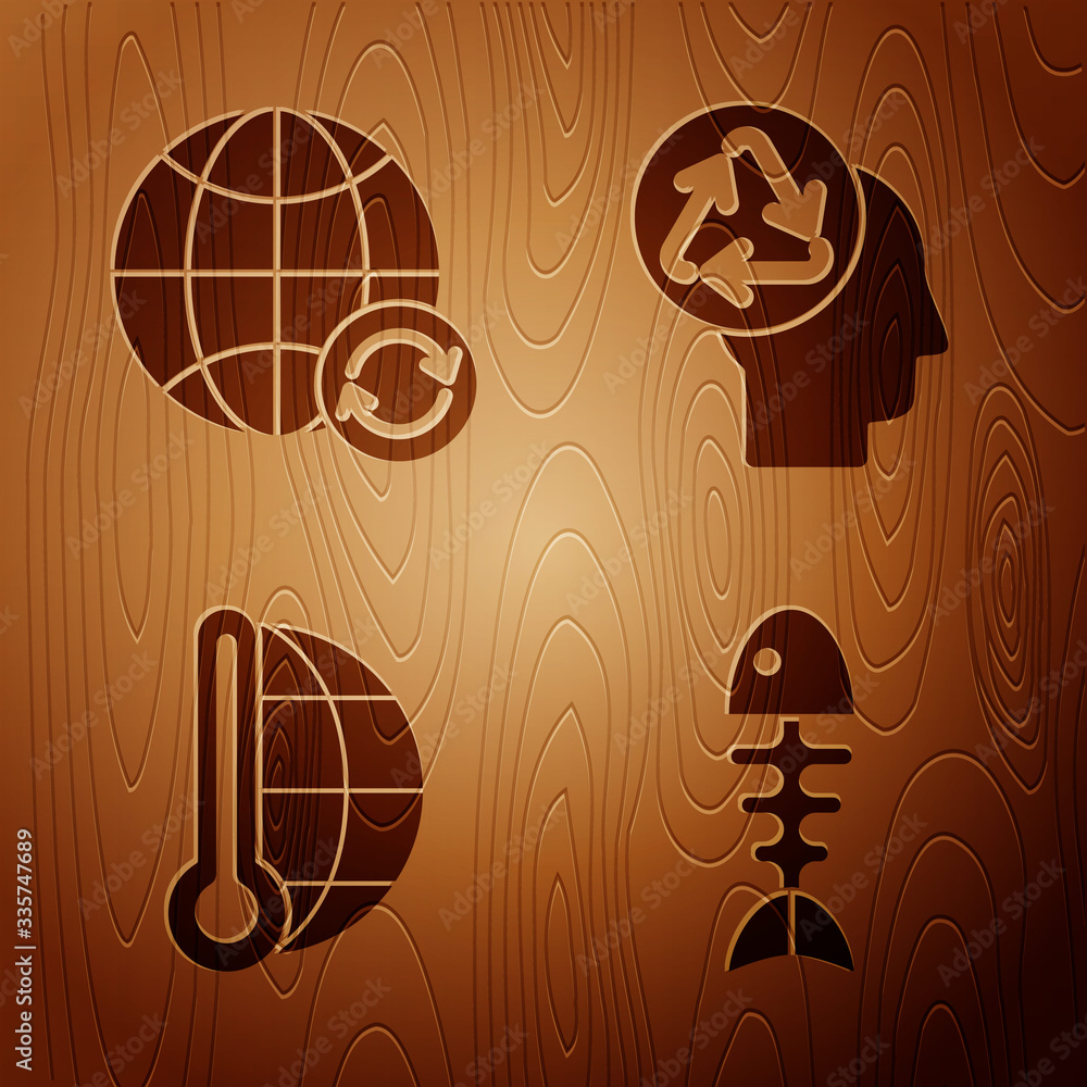 Wall mural Set Fish skeleton, Planet earth and a recycling, Meteorology thermometer measuring and Human head with recycle on wooden background. Vector