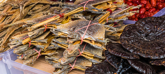 Marktstand in China-Town mit getrockneten Echsen als Heilmittel