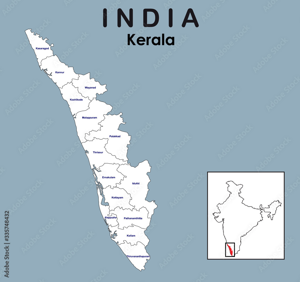 Wall mural kerala map. vector illustration of district map of kerala in white colour