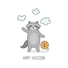 Cute cartoon raccoon. Hand drawn happy raccoon playing with ball on white. Vector illustration in doodle style.