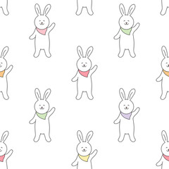 Seamless pattern with happy rabbit with a neck scarf. Drawn cute white rabbit on white. Vector illustration.