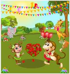 Love theme. marriage anniversary celebrated by animals in forest vector illustration.