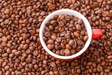 Ceramic cup on coffee beans