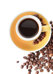 Cup of hot coffee and beans on white background