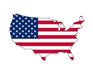 Vector illustration of waving American Flag on dark background. United States Flag with silhouette map of USA.