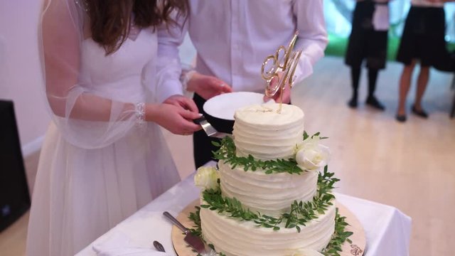 bride and groom cut a wedding cake