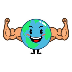 Funny Planet Earth Mascot Characters show his biceps muscle with happy facial expressions Cartoon Vector