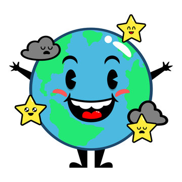Funny Planet Earth Mascot Characters around the clouds and stars at night with happy facial expressions Cartoon Vector