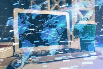 Multi exposure of desktop with personal computer and tech theme drawing. Concept of Bigdata.