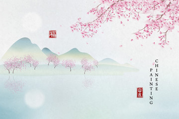 Chinese ink painting art background plant elegant landscape view of flower tree mountain and tranquil lake. Chinese translation : Plant and Blessing.