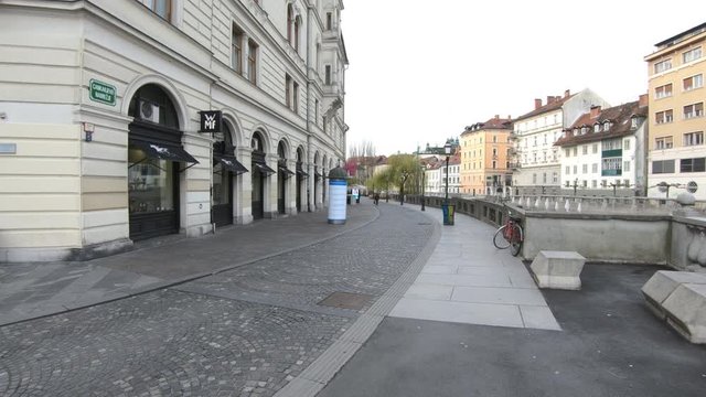 Left truck empty city streets on workday. Covid-19 lockdown 2020.  Coronavirus epidemic quarantine, Ljubljana, Slovenia