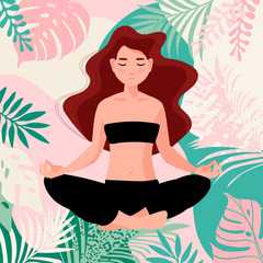 Woman in  asana yoga position. Body positive  europian girl sits  and rest in tropics. Female in harmony with herself, mental and body health. Vector flat