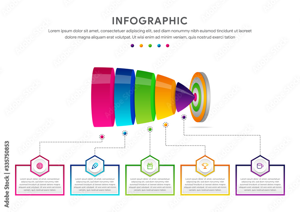 Poster projectile infographics arrow design. line infographic gradient template. rectangles with hexagon fo