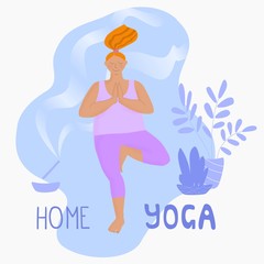 Overweight girl doing yoga asana at home, in quarantine self isolation. An oversized woman in a tracksuit and with red hair is standing in a tree pose. Stock vector flat hand drawn illustration.