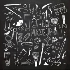Hand drawn beauty, make up, cosmetic doodles. Isolated vector illustrations.