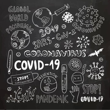 Concept of coronavirus clipart vector illustration. Coronavirus global pandemic illustration. Virus doodles. Chalk drawing.