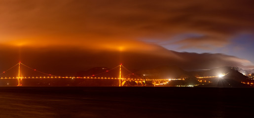 Amazing night Panorama of Golden bridge in San Francisco, California, USA