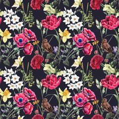 Panele Szklane  Piękny kwiatowy lato wzór z akwarela czerwone i żółte kwiaty. Ilustracji.