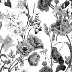 Fototapety  Piękny kwiatowy lato wzór z akwarela kwiaty. Czarno-białe monochromatyczne ilustracji.