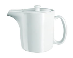 
Vector realistic illustration of a teapot. Isolated image of a white dishware. Ceramic straight-shaped teapot with a lid.