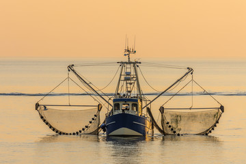 Fischkutter mit ausgelegten Netzen beim Krabbenfang im Abendlicht, Nordsee, Nordseeküste,...