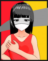 Anime Girl Cartoon Character wearing Face Mask to prevent Coronavirus COVID-19. Japanese Girl with Comic Effect with a smile and Background it's Anime Manga Girl from Japan