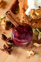 spicy souce, blackberry, raspberry, plums