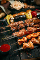 appetizing assorted set kebab sticks with red sauce and pickled onion on a black board on a dark wooden background, side view, vertical