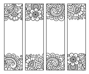Printable bookmark for book - coloring. Set of black and white labels with flower patterns, hand draw in mehndi style. Sketch of ornaments for creativity of children and adults with colored pencils.