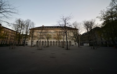 swiss national bank in zurich switzerland with empty space early in the morning with a beautiful sky
