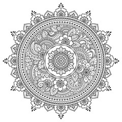 Outline round flower pattern in mehndi style for coloring book page. Antistress for adults and children. Doodle ornament in black and white. Hand draw vector illustration.