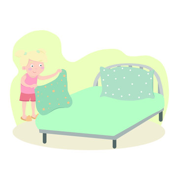 Girl makes a bed. Children go to bed on a schedule. Vector illustration.