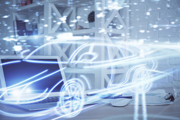 Desktop computer background in office with automobile hologram drawing. Multi exposure. Tech concept.
