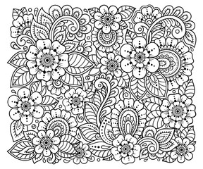 Outline square floral pattern in mehndi style for coloring book page. Antistress for adults and children. Doodle ornament in black and white. Hand draw vector illustration.