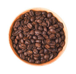 Coffee beans in wooden bowl isolated on white background