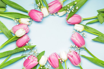 Frame made of beautiful flowers on color background