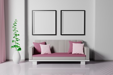 Two square empty frame for presentation mockup in delicate living room interior with pink color accents. 3d illustration. 