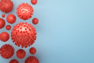 Abstract medical scientific background with large spiky virion virus particles on blue background. Image with copy blank space. 3d illustration.