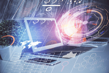 Multi exposure of computer on background and technology theme drawing. Concept of innovation.