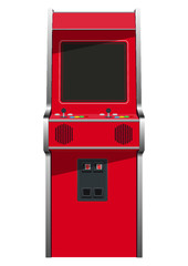 A vector illustration of a vintage red unbranded arcade machine with controls and buttons and a blank screen on an isolated white background