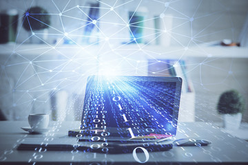 Technology theme drawing and work space with computer. Double exposure. Concept of innovation.