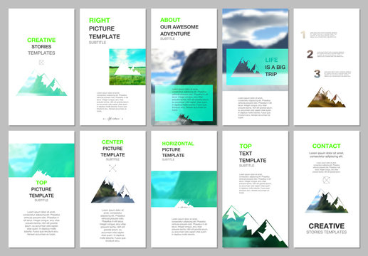 Creative social networks stories design, vertical banner or flyer template. Covers design templates for flyer, brochure. Background for tourist camp, nature tourism, camping. Aadventure design concept