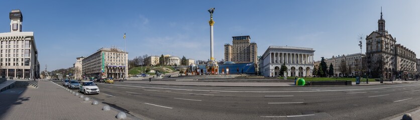 Very large panorama of the city. Independence Square in Kiev during the COVID-19 pandemic. The center of Kiev without people. 29/03/2020. The central square of Ukraine during the epidemic.