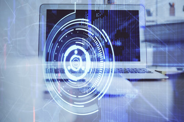 Obraz premium Technology theme drawing and work space with computer. Multi exposure. Concept of innovation.