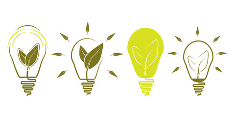 Green bulb. Set of creative bulb with two green leafs inside. Ecological green energy concept. Green idea, logo. Save nature, logotype. Vector