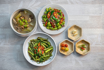 Fried morning glory  Pork soup Pork fried Thai food ingredients Asian food garlic chili  